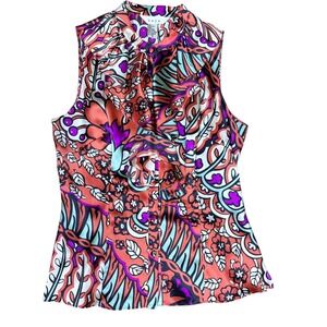 Saja Boho Chic Retro Floral 100% Silk Ruffle‎ Womens Multi Sleeveless Blouse M